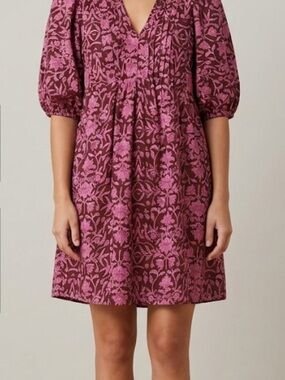 Universal Thread Pink and Burgandy Floral V-Neck Puff Sleeve Dress